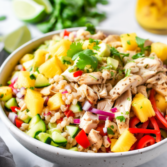 A colorful and delicious Caribbean chicken salad with pearled sorghum. The salad is topped with a simple dressing made of lime juice, honey, and olive oil.