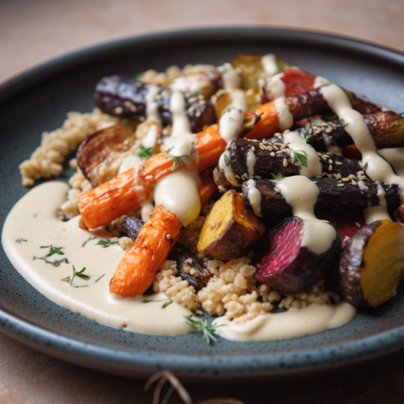 A close-up of a plate of popped sorghum, roasted root vegetables, and a tahini sauce. The dish is a good source of fiber, protein, vitamins, and minerals. It is also relatively low in calories and fat.
