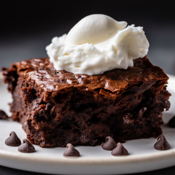 A gluten-free brownie with chocolate chips and vanilla ice cream. The brownie is fudgy and moist, with a rich chocolate flavor. The ice cream is melting, and the chocolate chips are starting to melt.