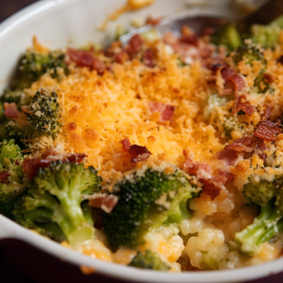 A close-up of a casserole dish filled with Sorghum Pearls Broccoli and Cheese. The dish is steaming hot and the cheese is melted and bubbly. The sorghum pearls, broccoli, and cheese are all visible and the dish looks delicious.