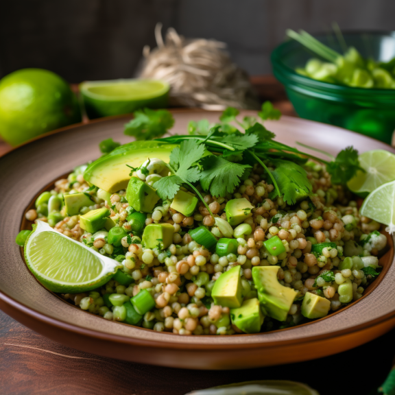 A close-up of a delicious and refreshing salad made with sorghum pearls, avocado, and lime juice dressing. The salad is topped with cilantro, green onions, and a lime wedge. The salad looks vibrant and colorful.