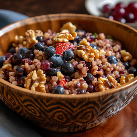 A close-up of a bowl of glazed walnuts, berries, and sorghum. The sorghum is cooked to perfection and the berries are plump and juicy. The walnuts are toasted to a golden brown and add a delicious crunch. The glaze is sweet and sticky, and it ties everything together perfectly.