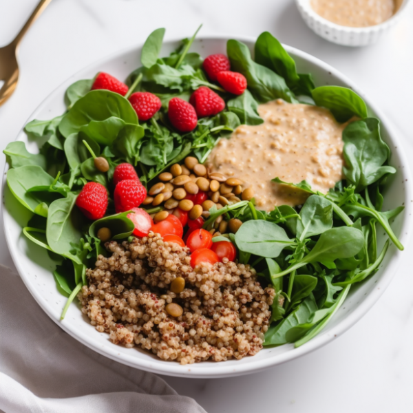 A close-up of a bowl of Spring Tahini Sorghum Lentil Bowl. The bowl is on a white plate, and there is a spoon next to it. The sorghum is cooked and has a light brown color. The other ingredients in the bowl include lentils, arugula, basil, tomatoes, and raspberries. The tahini dressing is drizzled over the top of the salad. The image is high-quality and well-lit. The colors are vibrant and the image is in focus. The image is relevant to the recipe and is likely to be helpful to someone who is trying to make the recipe.
