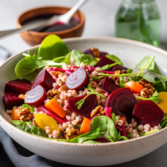 A bowl of Balsamic Beet Sorghum Salad, a delicious and healthy dish made with sorghum, beets, and balsamic vinegar dressing. The salad is perfect for a light lunch or dinner, and it is also a great way to use up leftover beets.