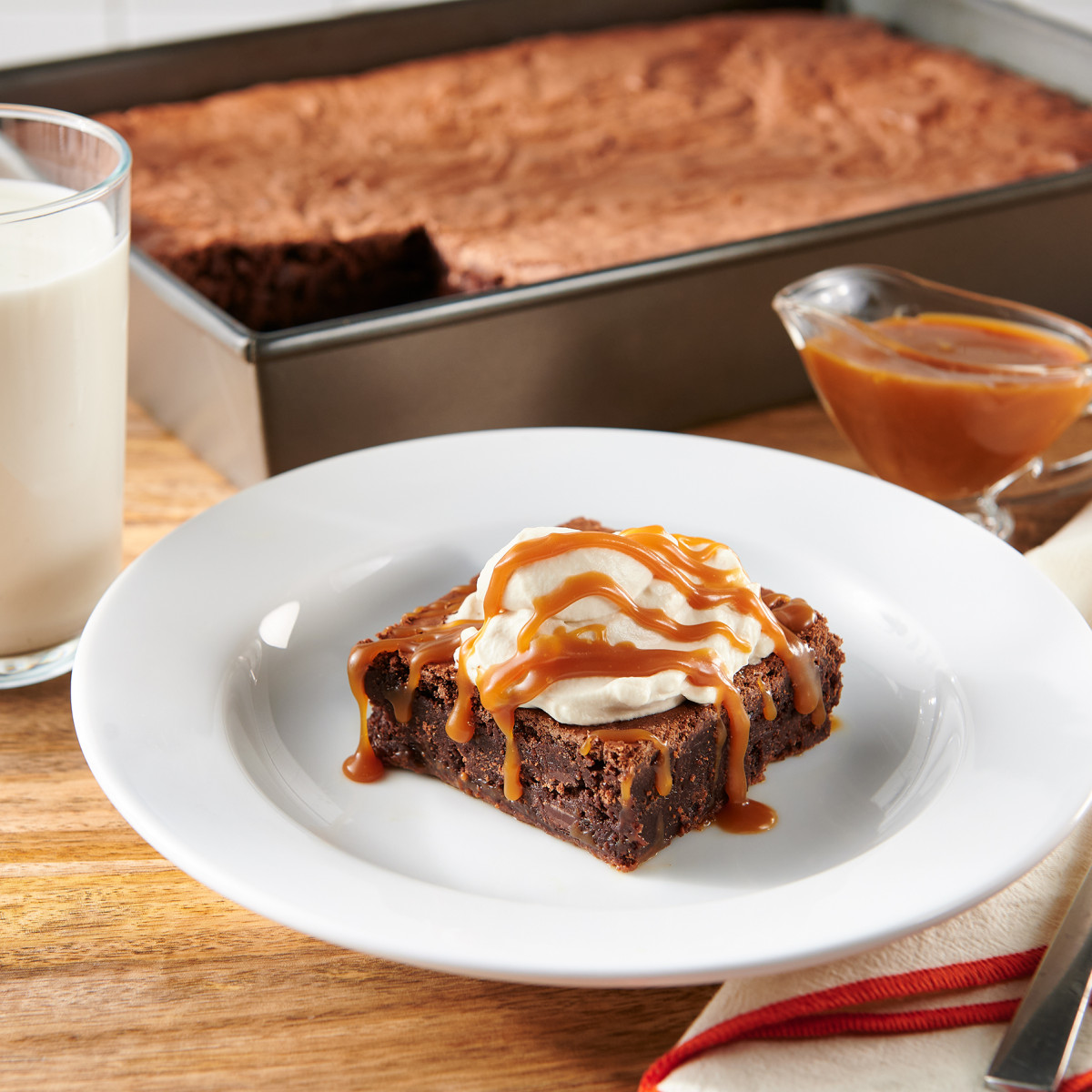 Double Chocolate Brownies with Caramel Sauce and