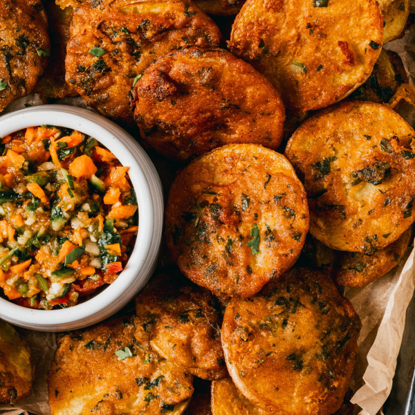Bhajias with Chutney (Kenyan Spiced Potato Chips with Fresh Vegetable Salsa) recipe